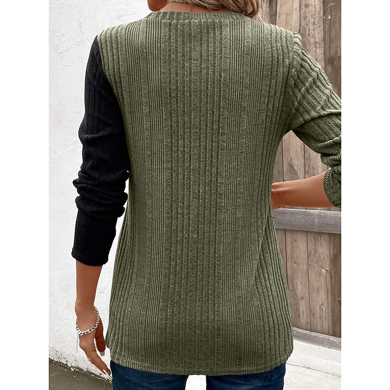 Women's Blouse Color Block Stylish Casual Long Sleeve Crew Neck Regular Tops Daily Ruched Buttons Light Green Wine Army Green Brown Khaki Spring Fall Winter4