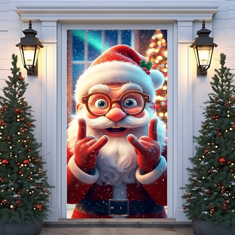 Christmas Door Cover Cartoon Style Holiday Decoration Drapes with Santa Claus Christmas Gift Boxes and Festive Christmas Meeting Print for Home Entryway Living Room Bedroom Indoor Outdoor Seasonal Dec2