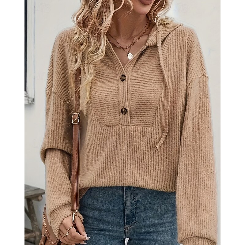 Women's Pullover Hoodie Sweatshirt Plain Casual Long Sleeve Hooded Regular Tops Street Holiday Buttons Black Dark Pink Brown Gray Light Blue Fall Winter2