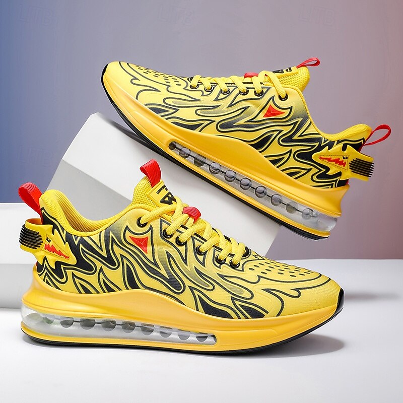 Men's Yellow Flame Print Air Cushion Sneakers, Fashion Streetwear Running Shoes for Sports, Fitness and Casual Party Style3