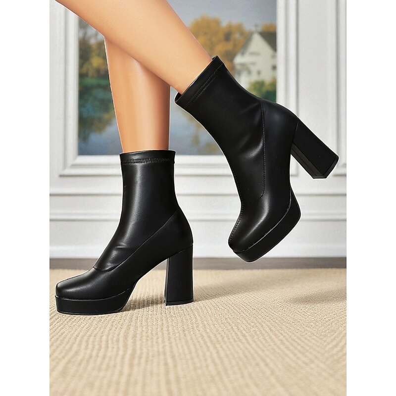 Women's Black Stretch Platform Ankle Boots – Chunky High Heel Square Toe Booties for Street Style,City Fashion and Night Out2