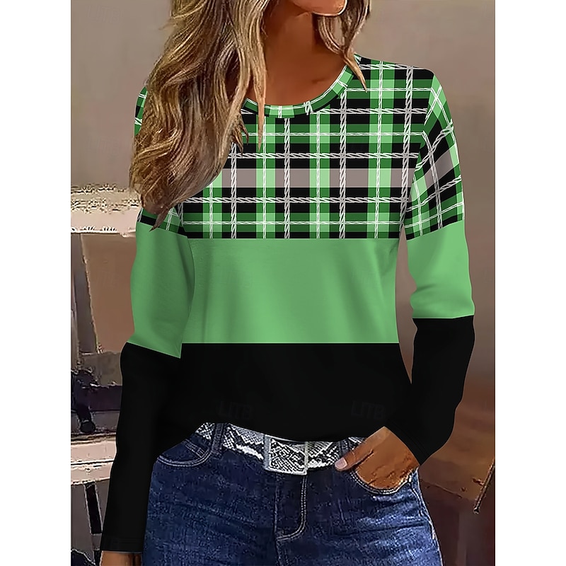 Women's T Shirt Graphic Geometric Plaid Vintage Stylish Classic Long Sleeve Crew Neck Round Neck Regular Tops Daily Print Green Spring Fall Winter