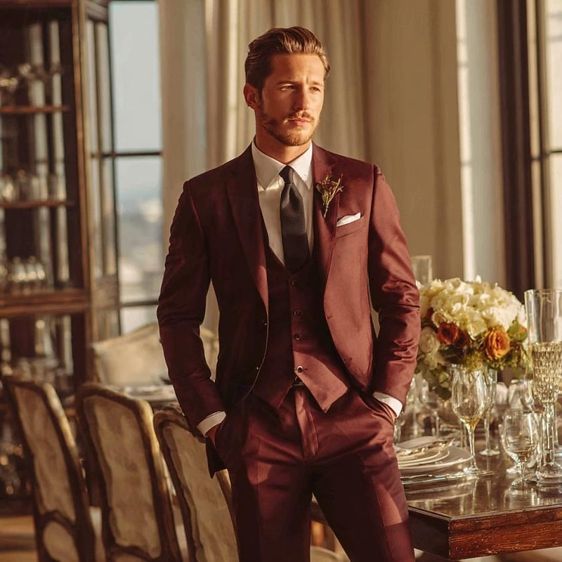 Men's Wedding Wedding Suits Notch Lapel Burgundy Navy Blue Formal Solid Colored Standard Fit 3 Piece