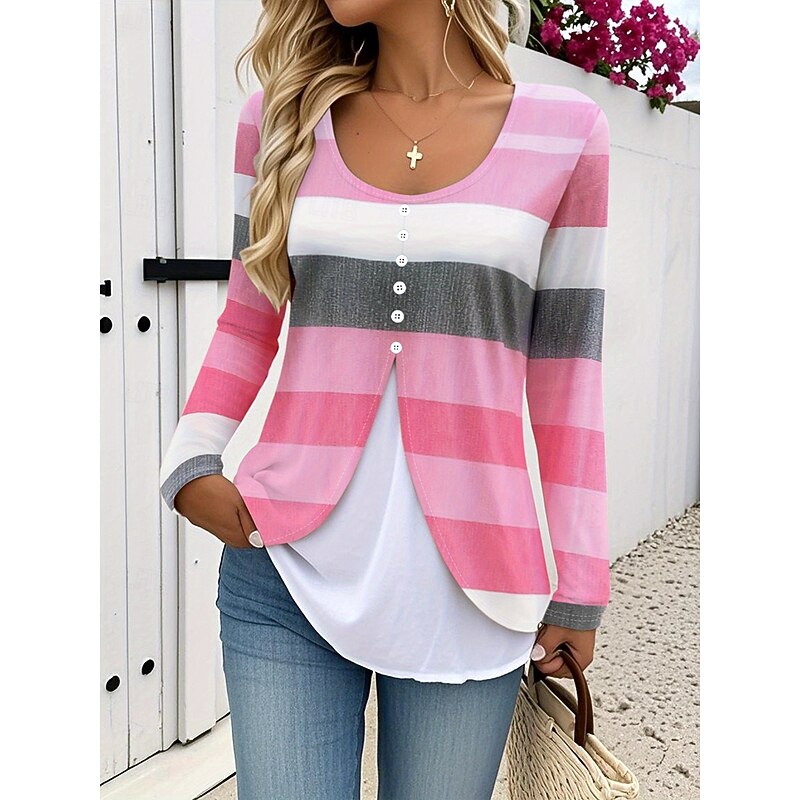 Women's T Shirt Graphic Striped Vintage Stylish Modern Long Sleeve Crew Neck Round Neck Regular Tops Daily Buttons Print Tiered Pink Spring Fall Winter