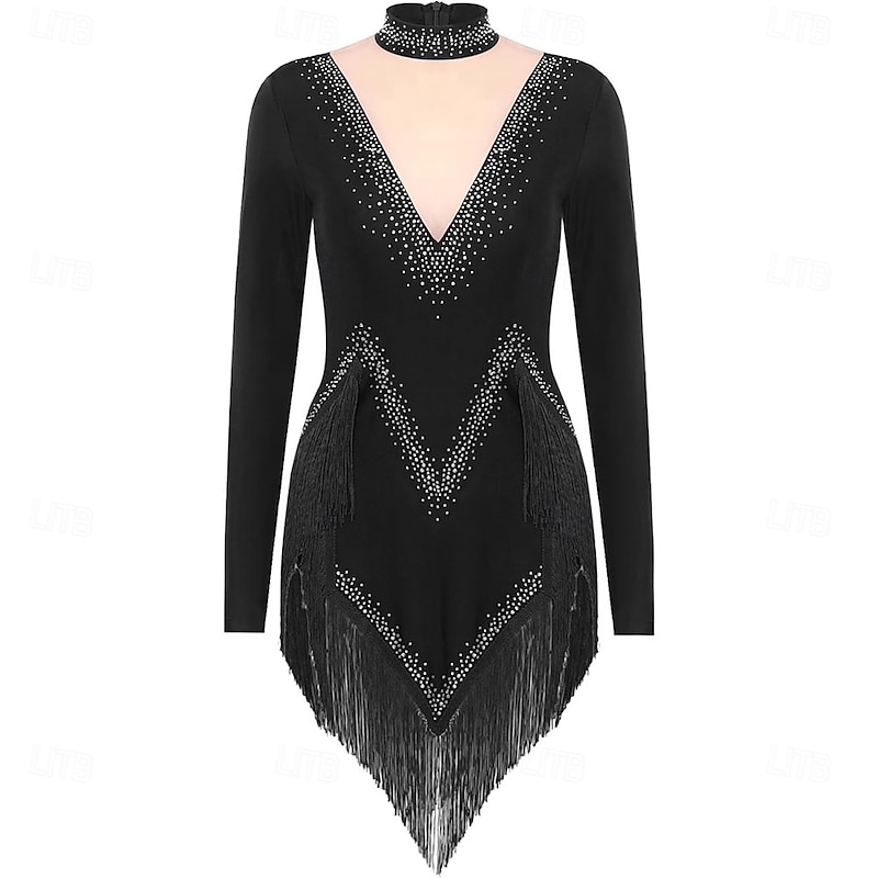 Women's Sparkly Latin Dance Dress Long Sleeve Tassel Cha Cha Salsa Rumba Tango Performance Costume