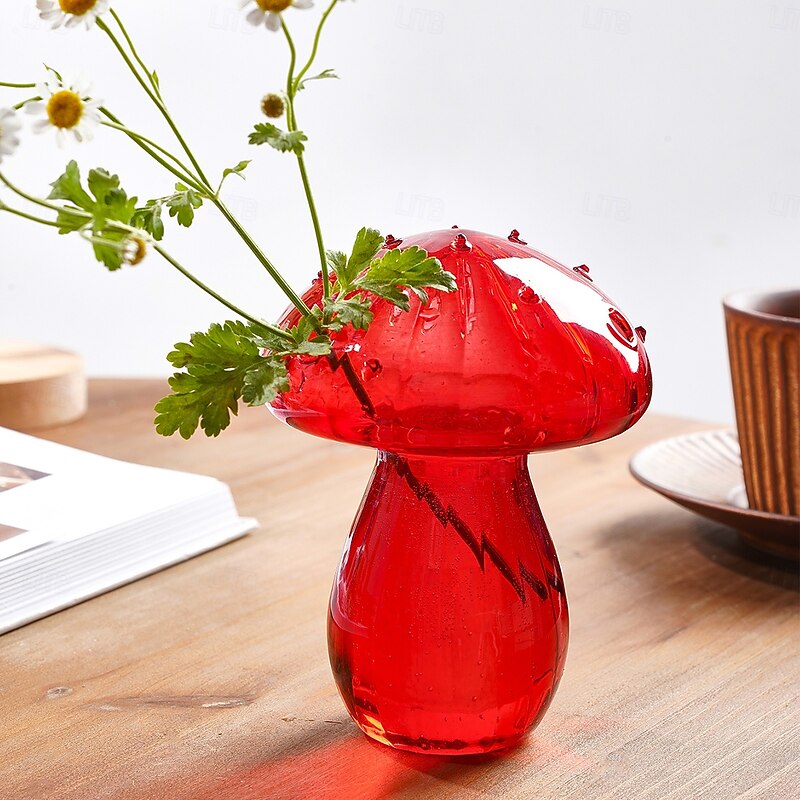 Red Glass Mushroom Decorative Vase, Simple Solid-Color Glass Home Décor Ornament, Ideal for Flowers, Green Plants, Hydroponics, Indoor Tabletop, Dining Room, and Year-Round Home Decoration3