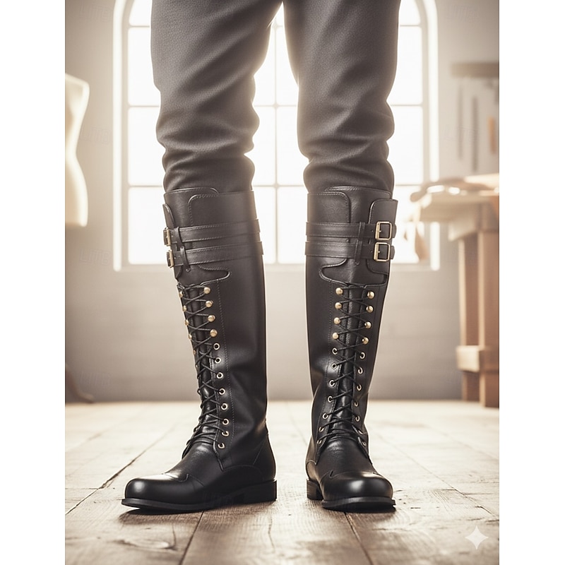 Men's Black Lace-Up Knee-High Boots with Buckle Straps – Vintage-Style Military Combat Boots for Outdoor and Casual Wear4