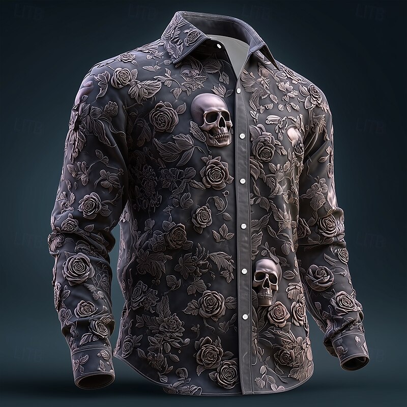 Men's Skull Floral Print Day of the Dead Shirt Button Up Shirt Long Sleeve Vintage Retro Dark Gothic Style Outdoor Holiday Spring Fall Turndown 3D Print Linen Like Shirt Black Dark Blue