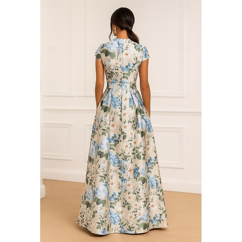 A-Line Evening Gown Elegant Dress Formal Wedding Guest Floor Length Short Sleeve V Neck Pocket Satin with Floral Print Wedding Guest Dress2