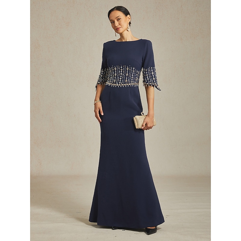 Women's Maxi Dress Trumpet Mermaid Dress A Line Dress Elegant Party Semi Formal Evening Party Regular Fit Floral Half Sleeve Boat Neck Navy Blue Summer Spring Fall Winter