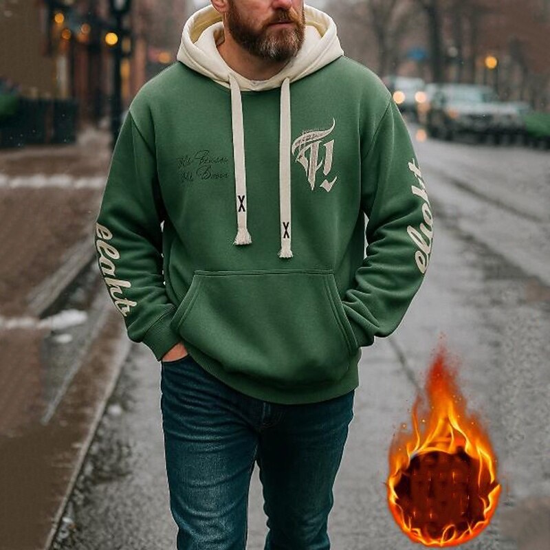 Men's Lounge Hoodie Fleece Sweatshirt Long Sleeve Top Athleisure Graphic Gym Outdoor Running Sportswear Activewear Black Green Khaki