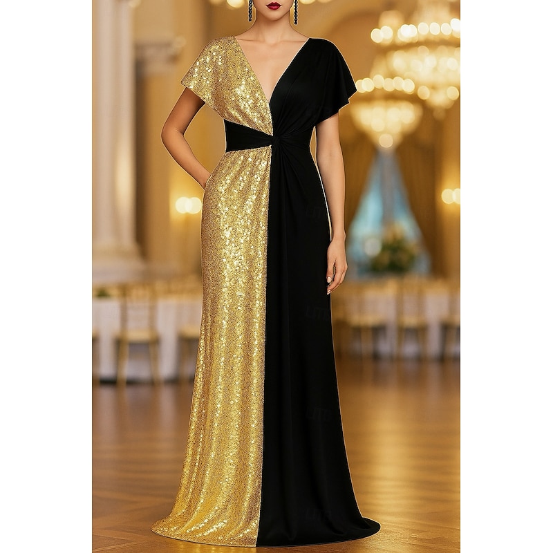 Black Gold A-Line Evening Gown Elegant Formal Dress Formal Wedding Floor Length Short Sleeve V Neck Capes Satin with Glitter 2025