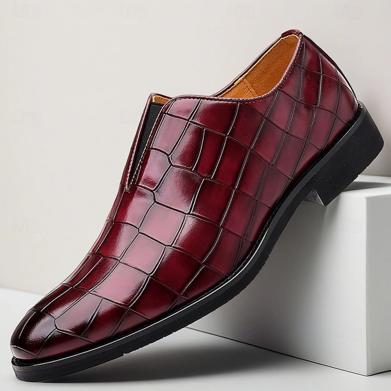 Men's Burgundy Slip-On Dress Shoes – Crocodile Pattern Formal Loafers with Classic Low Heel for Business Office, Weddings and Evening Parties