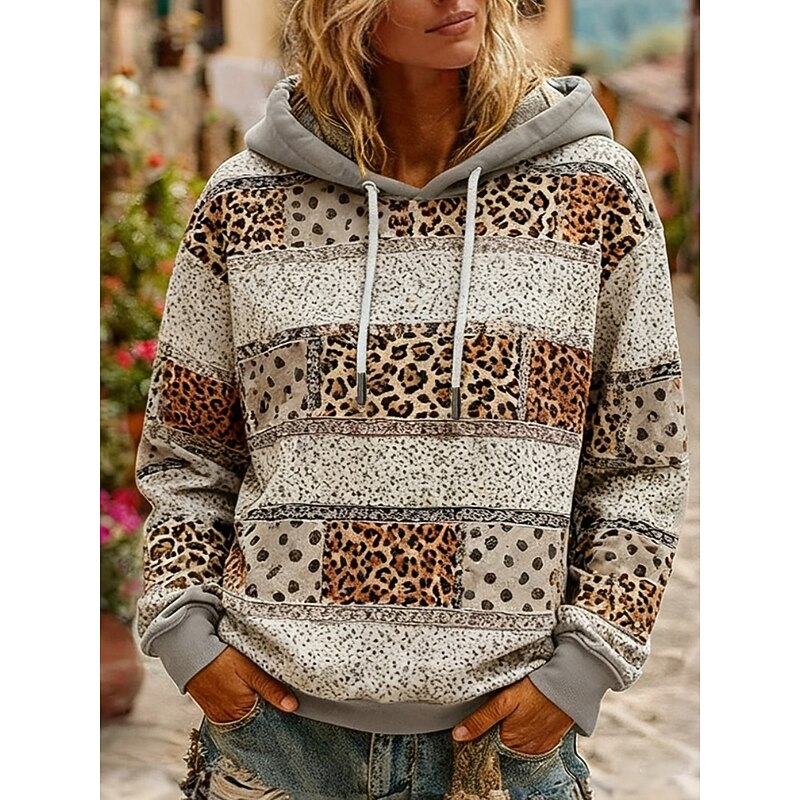 Women's Pullover Hoodies Leopard Striped Fashion Streetwear Casual Long Sleeve Hooded Regular Tops Dailywear Casual Drawstring Print Khaki Spring Fall