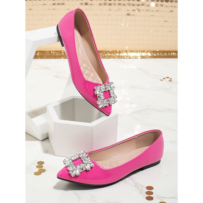 Women's Blue Patent Leather Pointed Toe Pumps with Rhinestone Buckle - Elegant Cocktail Party and Formal Occasion Shoes