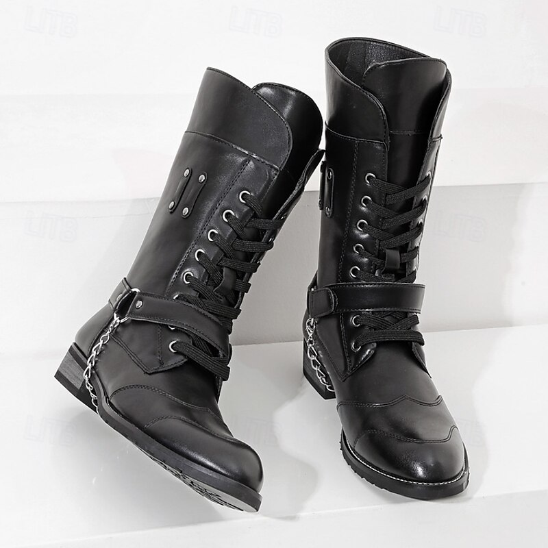 Men's Black Gothic Combat Boots – High Shaft Lace-Up Motorcycle Riding Shoes with Straps for Punk Rock, Cosplay and Nightlife Parties