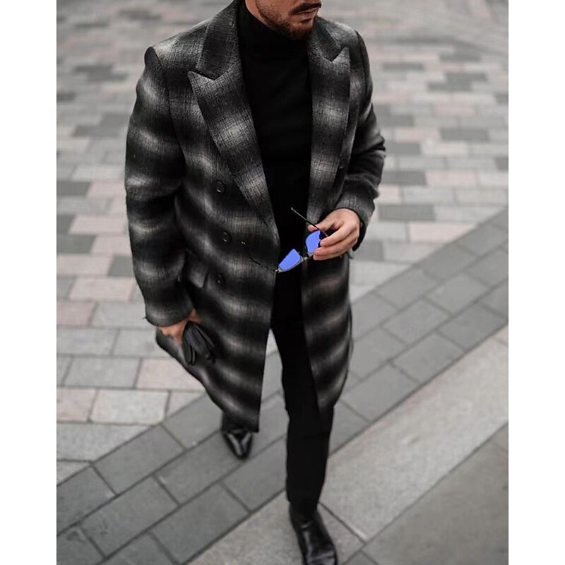 Men's Overcoat Trench Coat Long Trench Coat Vacation Daily Fall Winter Polyester Windproof Warm Outerwear Clothing Apparel Fashion Classic Plaid Pocket Lapel Open Front3