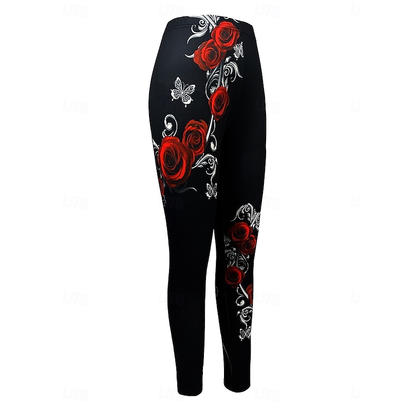 Women's Leggings Vintage Fashion Streetwear Full Length High Waist Floral Graphic Printing Thermal Warm Soft Breathable Stretchy Outdoor Street Daily Red Spring Fall Winter Slim Fit3