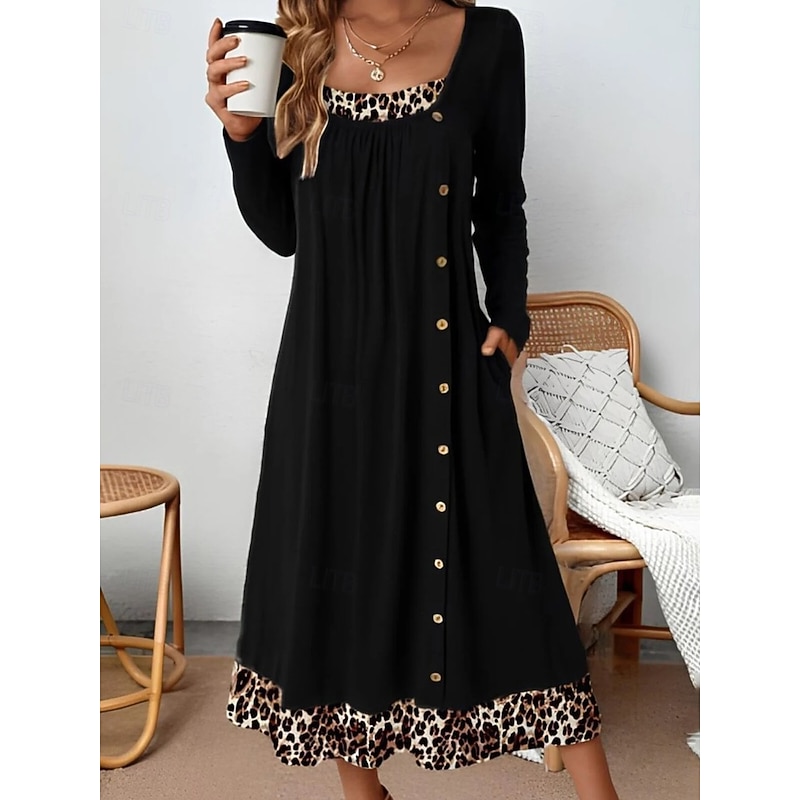 Women's Midi Dress Shift Dress Casual Daily Loose Fit Graphic Geometric Long Sleeve Square Neck Black Red Blue Spring Fall Winter2