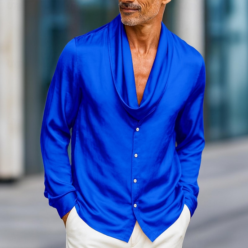 Men's Shirt Satin Shirt Dress Shirt Casual Shirt Button Up Shirt Prom Shirt Plain Formal Wedding Light Blue Royal Blue Gold Gray Long Sleeve Shawl All Seasons Clothing Apparel3