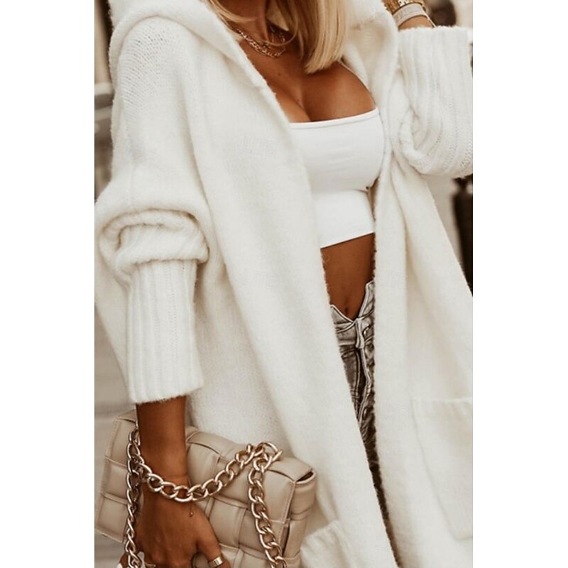 Women's Sweater Cardigan Elegant Fashion Streetwear Letter Hooded Pocket Knitted Long Sleeve Long Tops Knit Outdoor Daily Weekend White Pink Fall Winter