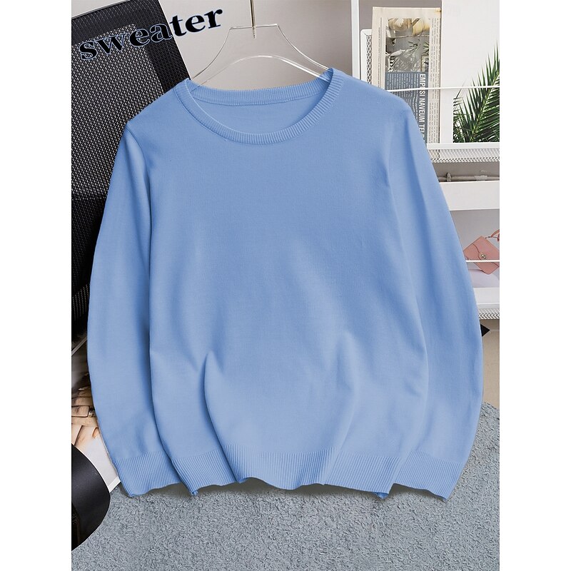 Women's Pullover Elegant Vintage Daily Solid Color Ribbed Crew Neck Knitted Long Sleeve Regular Tops Knit School Outdoor Home Black White Spring Fall4