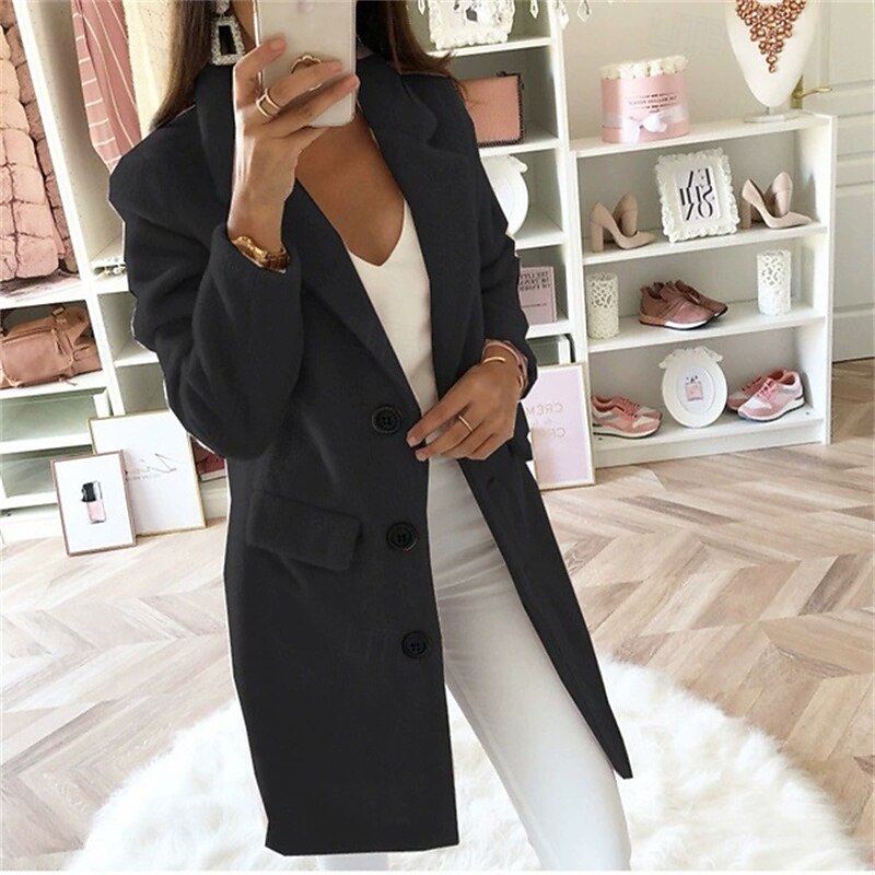 Women's Casual Jacket Warm Comfortable Pocket Buttons Fashion Outdoor Plain Going out Weekend Single Breasted Regular Lapel Regular Fit Long Sleeve Outerwear Black Pink Red Fall Winter2