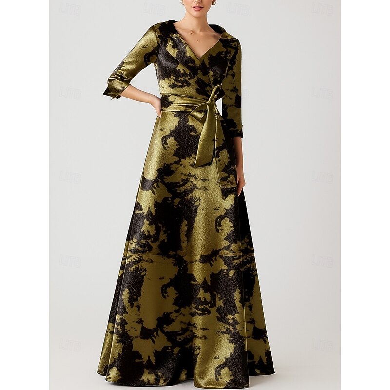 Black Gold A-Line Evening Gown Elegant Formal Dress Formal Wedding Floor Length 3/4 Length Sleeve Lapel Pocket Nylon with Bow(s) 20254