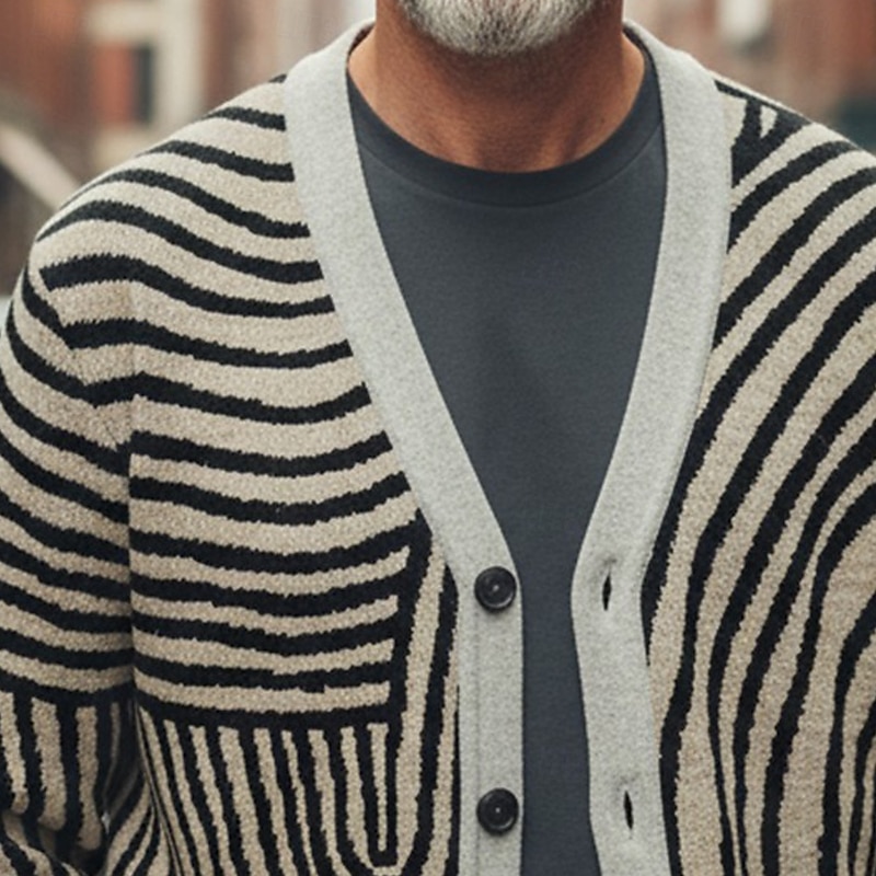 Christmas Men's Geometic Plaid / Striped / Chevron / Round Sweater Cardigan Sweater V Neck Retro Vintage Casual Outdoor Home Party Buckle Long Sleeve Fall Winter Khaki Grey2