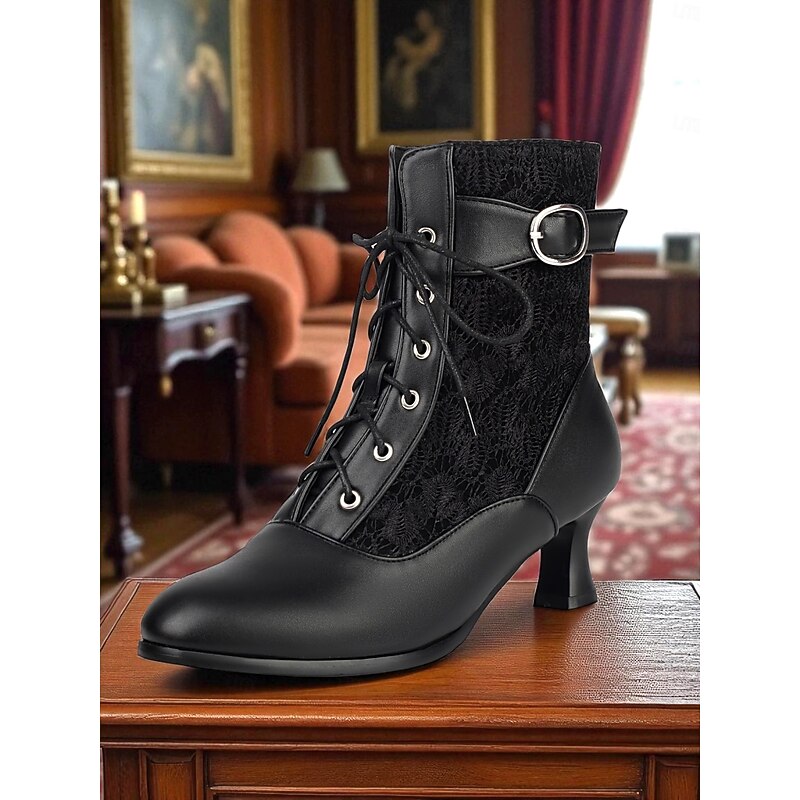 Women's Victorian Lace Ankle Boots – 1900s Black Mesh Heeled Booties with Buckle Strap for Gothic Costumes and Vintage Cosplay2