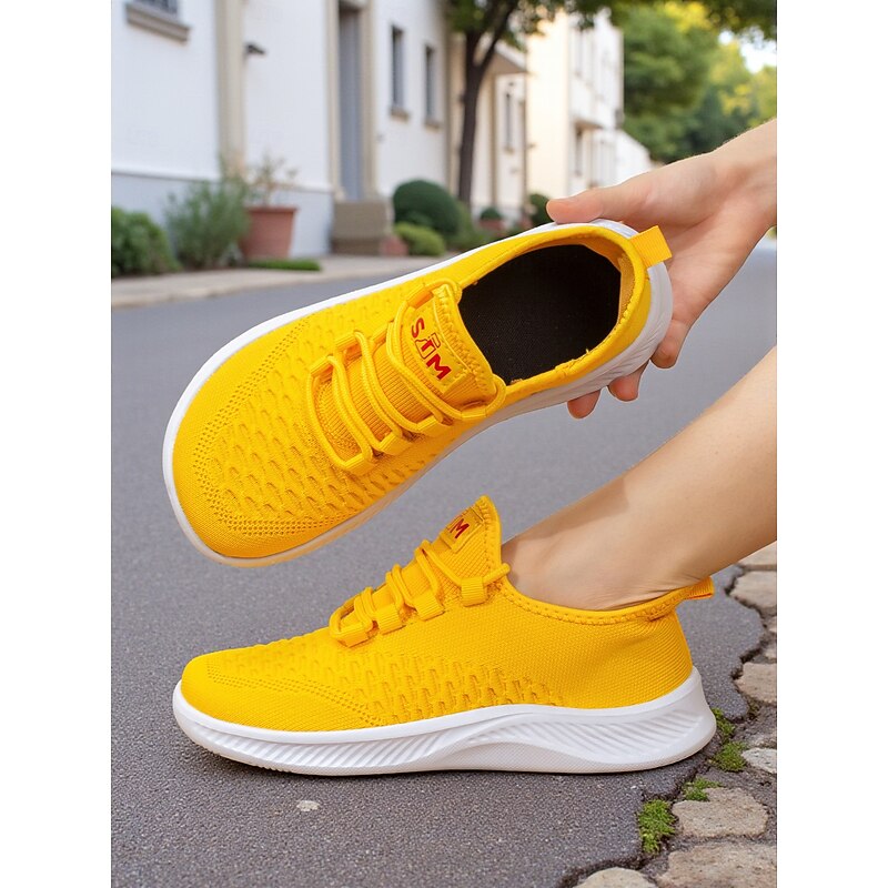Women's Wide Width Yellow Flyknit Sneakers, Lightweight Casual Walking Shoes for Sports and Streetwear3
