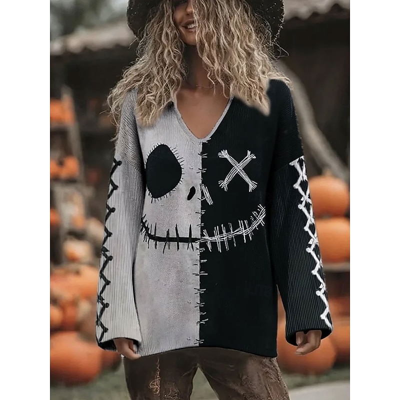 Women's Sweater Vintage Streetwear Cool Graphic Color Block V Neck Print Long Sleeve Regular Tops Knit Halloween Gray Fall Winter