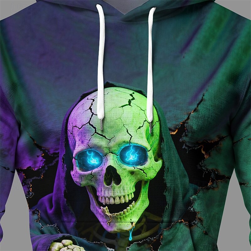 Halloween Men's Skull Hoodie Fashion Daily Hooded Vacation Party Streetwear Dark Green Drawstring Pocket Printing Fall Winter Designer3