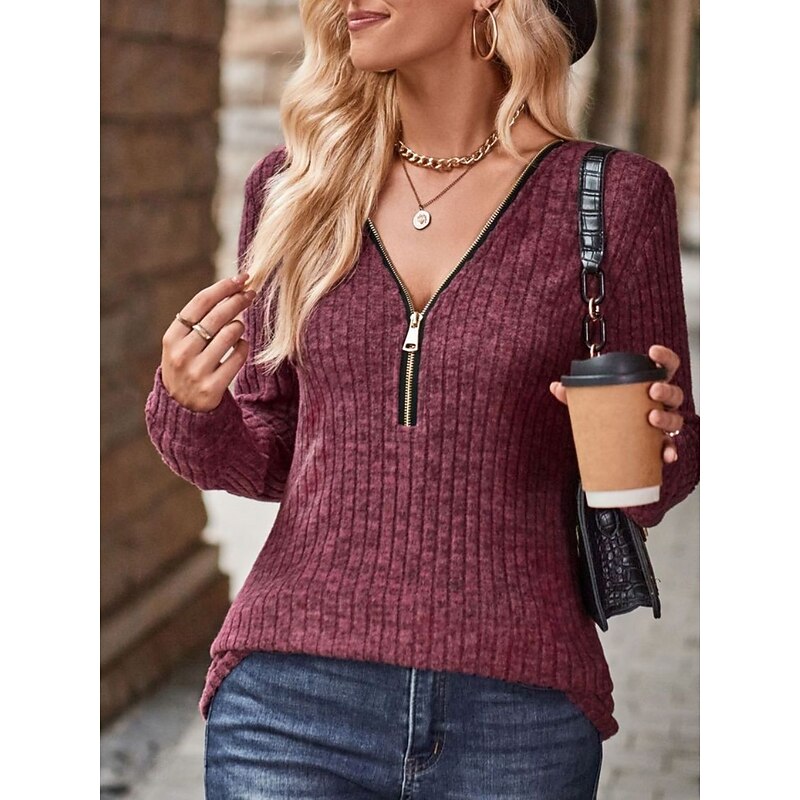 Women's Blouse Solid Color Stylish Casual Long Sleeve V Neck Regular Tops Daily Zipper Black Blue Fuchsia Green Khaki Spring Fall Winter4