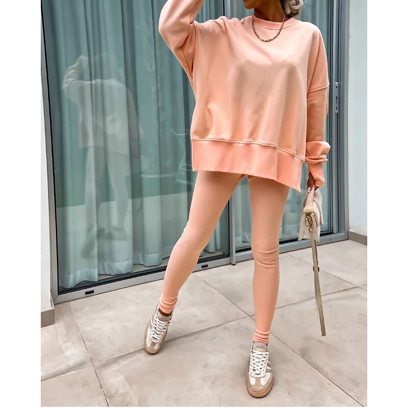Women's Active Streetwear Blouse Pants Sets Sweatshirt Long Sleeve Crew Neck Solid Color Split Thigh Vacation Daily Wear Going out Pink Red Orange Fall Regular Fit