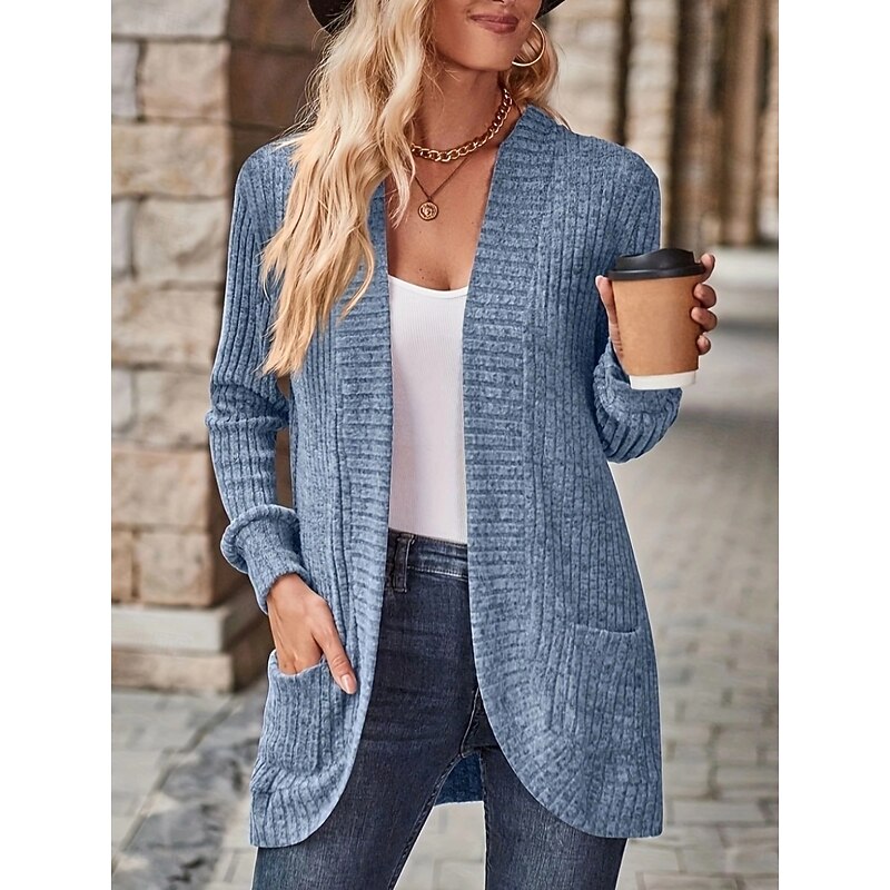 Women's Casual Jacket Comfortable Breathable Pocket Casual Plain Vacation Street Daily Wear Going out Open Front Regular Collarless Regular Fit Long Sleeve Outerwear Wine Sky Blue Purple Spring Fall3