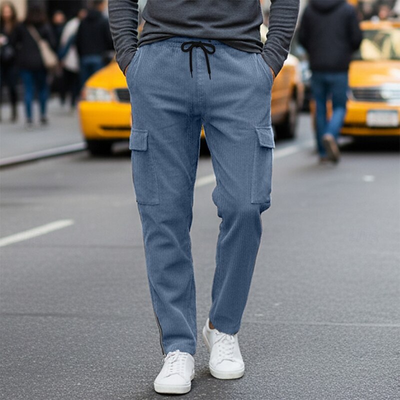 Men's Cargo Pants Trousers Corduroy Pants Winter Pants Drawstring Pocket Zip Leg Plain Comfort Soft Full Length Outdoor Party Business Fashion Streetwear Denim Blue Black Inelastic4