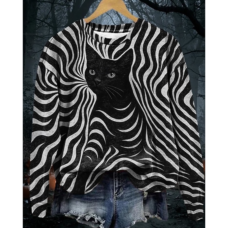 Women's Pullover Sweatshirts Cat Fashion Streetwear Classic Long Sleeve Round Neck Regular Tops Dailywear Casual Print White Purple Spring Fall