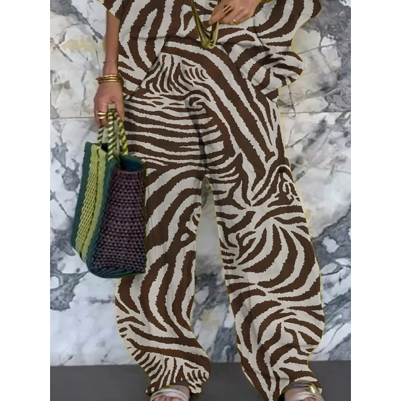 Women's Vacation Fashion Pants Sets 3/4 Length Sleeve V Neck Geometric Print Vacation Daily Holiday Khaki Summer Regular Fit3