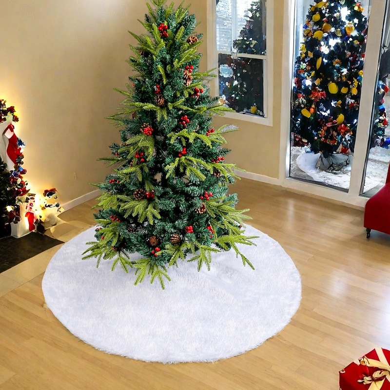 Christmas Tree Skirt White Plush Round Mat Soft Fluffy Carpet For Holiday Party Decoration Christmas Ornament Supplies Indoor Home Floor Decor Prop2
