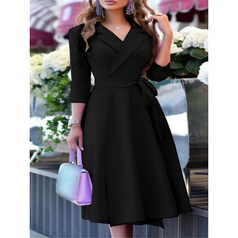 Women's Midi Dress A Line Dress Casual Daily Holiday Regular Fit Plain 3/4 Length Sleeve V Neck Black Wine Purple Summer Spring Fall3