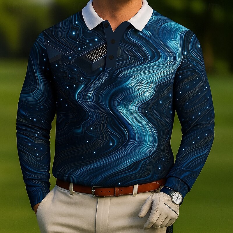 Men's Geometic Golf Polo Long Sleeve Polo Shirts Lapel Casual Outdoor Athleisure Daily Wear 3D Print Buttons Spring Fall Winter Lake blue White Blue