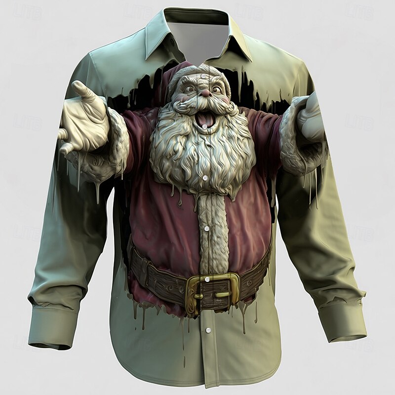 Christmas Men's Santa Claus Ugly Christmas Cracked Wall Shirt Button Up Shirt Long Sleeve Vintage Retro Outdoor Holiday Spring Fall Turndown 3D Print Linen Like Shirt Light Green Green