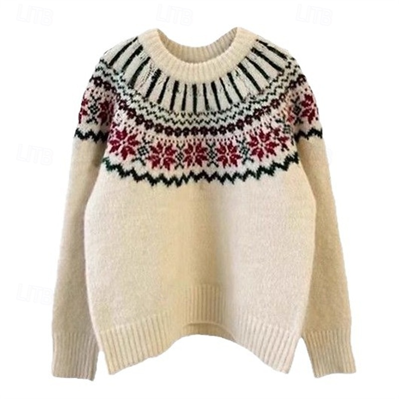 Women's Sweater Fair Isle Sweater Fashion Streetwear Casual Snowflakes Ribbed Crew Neck Knitted Long Sleeve Regular Tops Knit Outdoor Daily Weekend White Fall Winter3