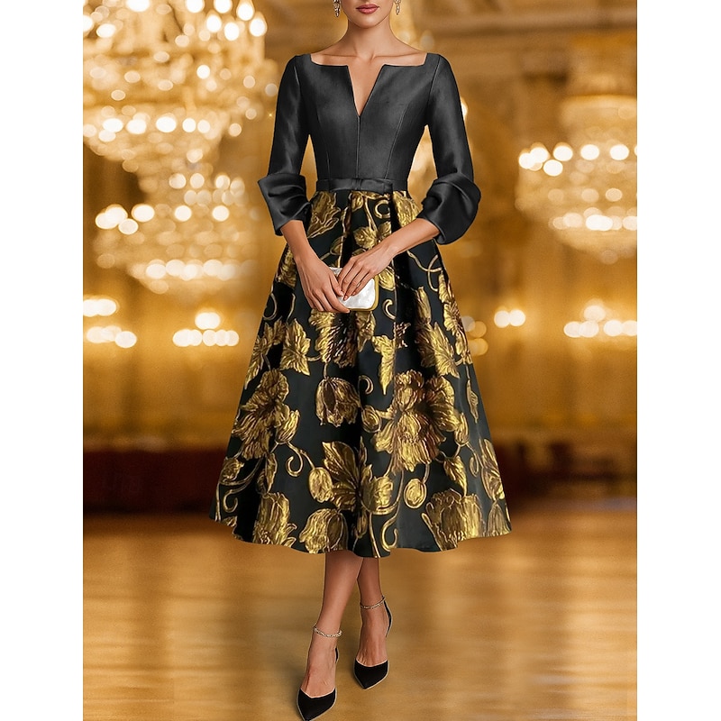 Black and Gold Floral Jacquard A-Line Cocktail Dresses Elegant Formal Dress Formal Wedding Tea Length 3/4 Length Sleeve V Neck Taffeta with Bow(s) 20254