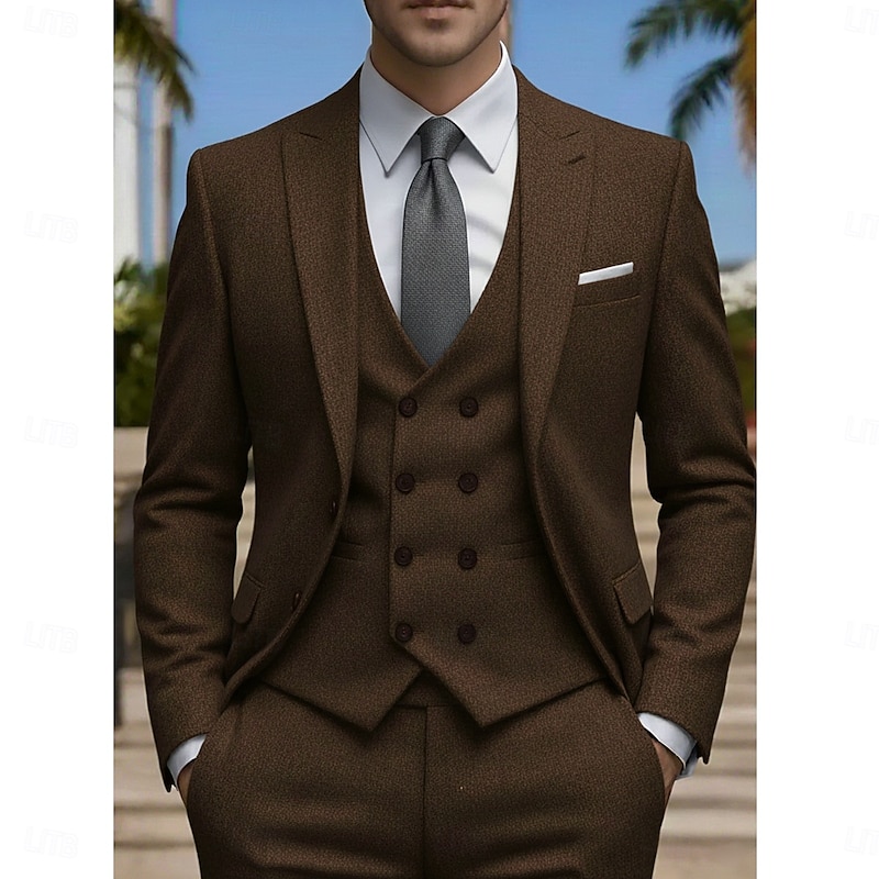 Men's Wedding Party Tweed Suits Peaked Lapel Black Coffee Daily Casual Solid Colored Tailored Fit 3 Piece Single Breasted Two-buttons2