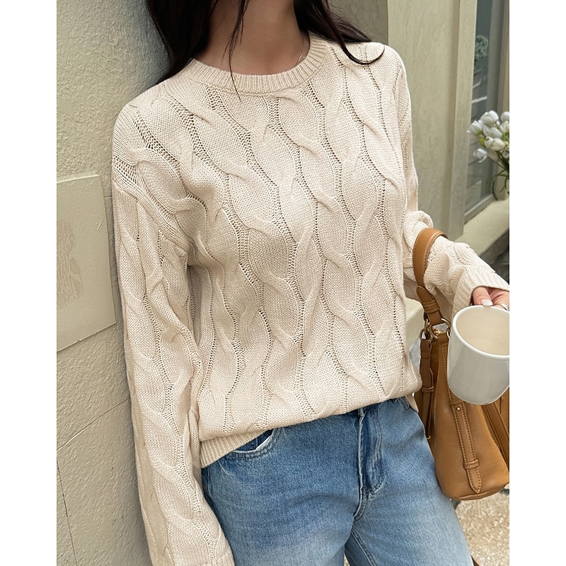 Women's Sweater Pullover Streetwear Casual Solid Color Crew Neck Knitted Long Sleeve Regular Tops Knit Daily Holiday Going out Yellow Pink Fall Winter