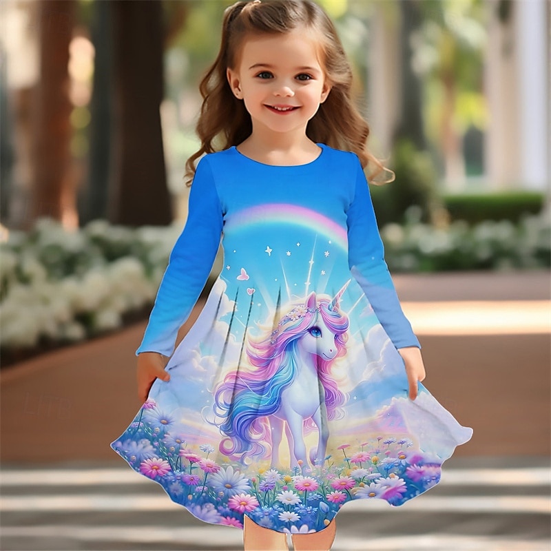 Girls' 3D Unicorn Dress Long Sleeve Summer Spring Vacation Daily Holiday Princess Beautiful Sweet Kids 4-12 Years Casual Dress A Line Dress Knee-length Regular Fit