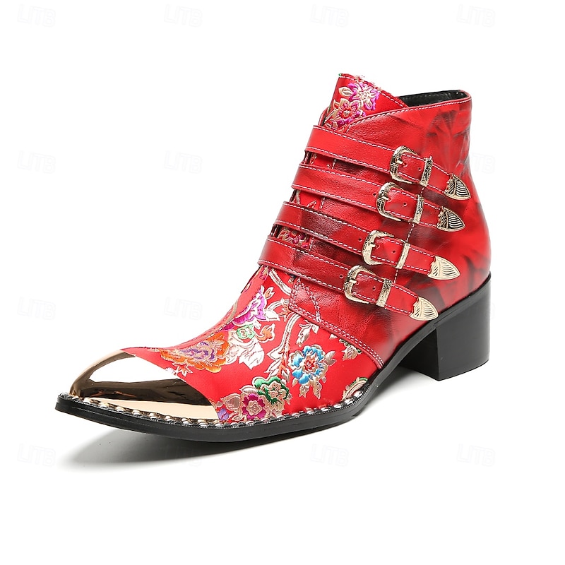 Men's Genuine Cowhide Leather Red Floral Buckle Ankle Boots – Gothic Punk Style Stage and Fashion Party Shoes2