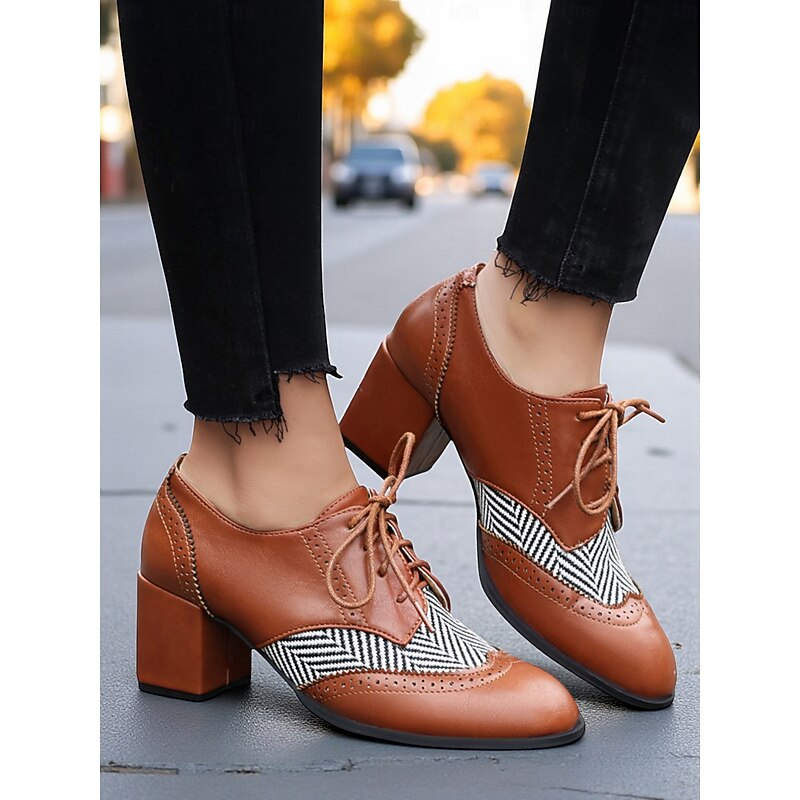 Women's Black Herringbone Oxford Chunky Heel Shoes – 1950s Vintage Faux Leather Brogue Lace-Up Pumps for Work, College and Street Style4